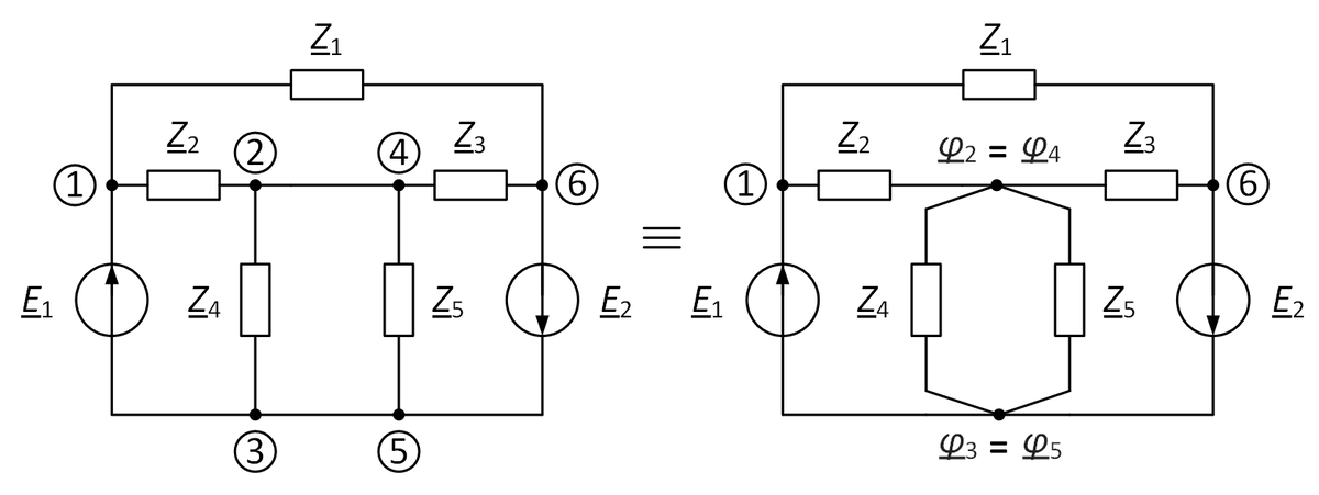 
Рис. 1. Пример объединения узлов с одинаковым потенциалом