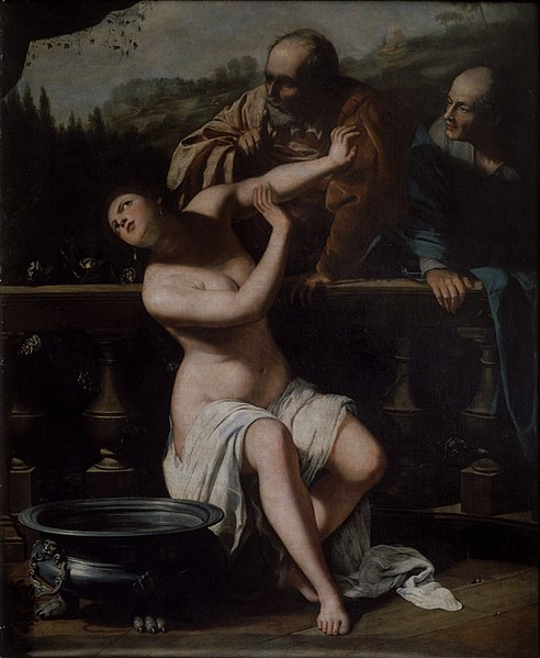 Сусанна и старцы. Артемизия Джентилески, 1649. Сюжет популярный, и нельзя не отметитиь, что на этой картине, нарисованной жервой изнасилования, прелести Сюзанны скрыты 