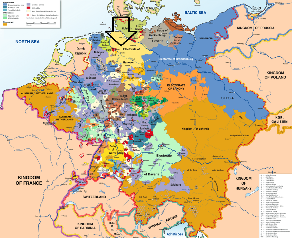 Священная Римская империя в 1789 году.Стрелкой показано расположение курфюршества Брауншвейг-Люнебург (Ганновер)