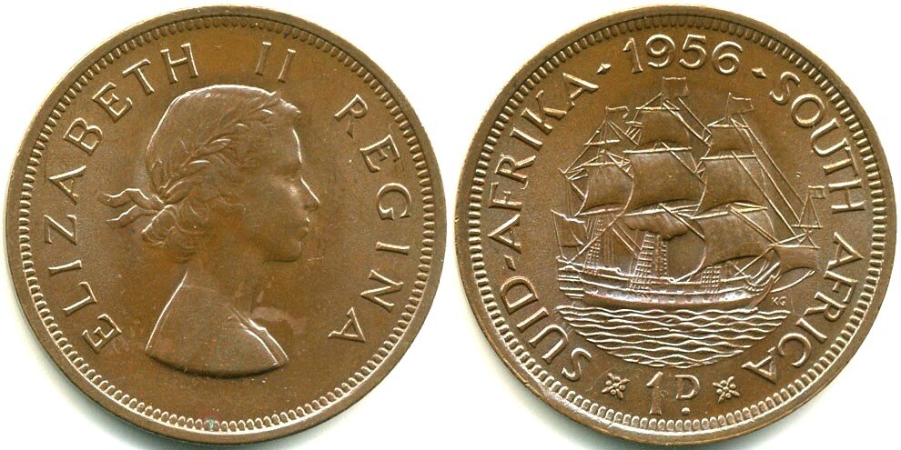 1 пенни 1956 года Южной Африки, на тот момент являвшейся колонией Великобритании. Через 5 лет, в 61-м году получила независимость