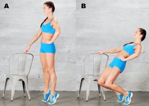 Как выполнять:  встаем ровно, держимся рукой за любую опору, затем встаем на носочки,  слегка сгибаем колени, делаем присед и отводим корпус назад. Данное  упражнение проработает мышцы ног и ягодиц.