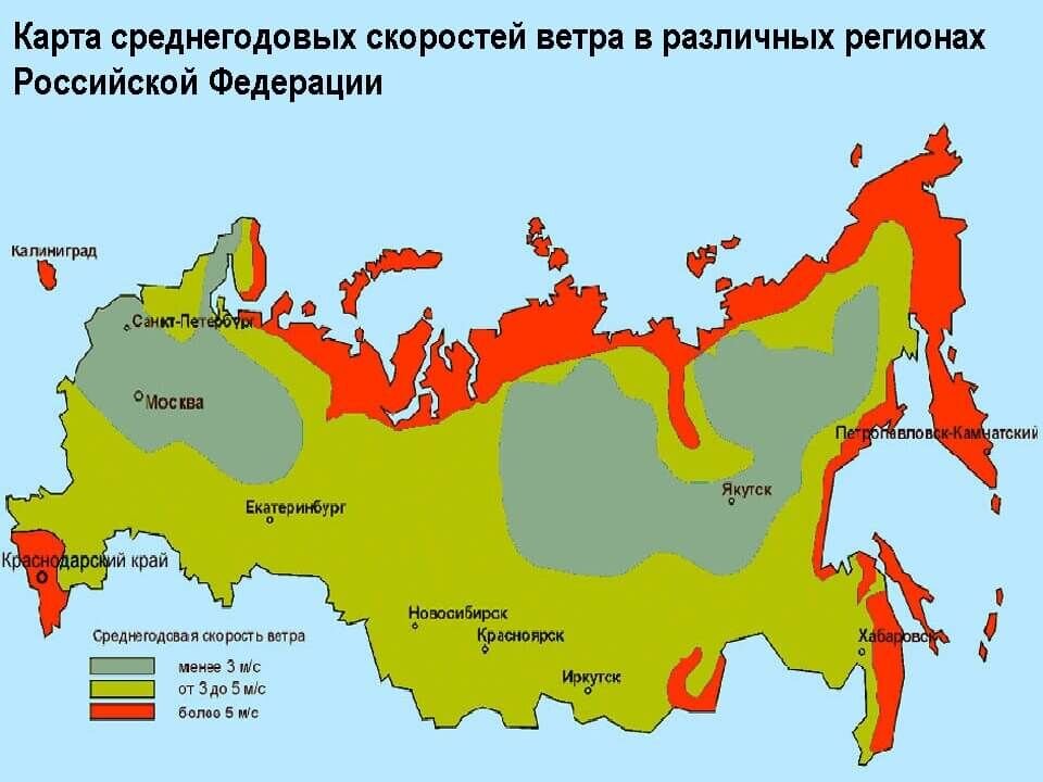 Средняя скорость ветра в России по регионам