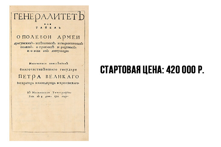 Генералитет или Табель о полевой армеи драгунских, и пехотных, и гварнизонных полков: о правианте и рационах, и о всеи их аммуниции. Напечатася повелением благочестивеишаго государя Петра Великаго императора и самодержца всероссийскаго. [М.]: В Московскои Типографии, Маия в 4 день 1722 году.