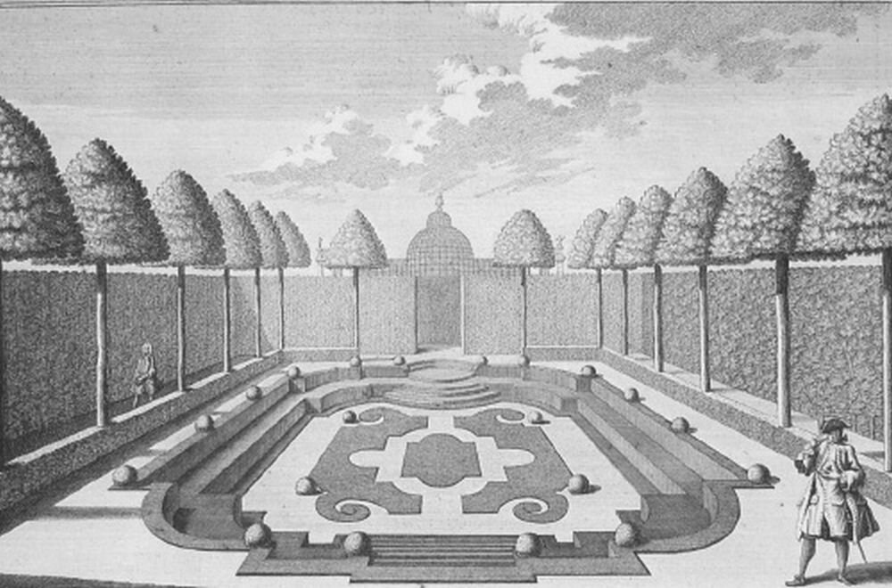 Буленгрин в окружении липовых деревьев в саду принца Евгения Савойского в стиле барокко. Гравюра Саломона Клейнера, 1726 г.