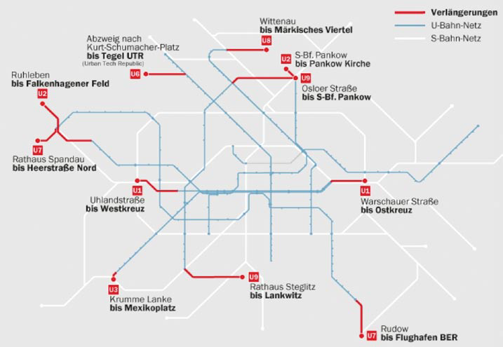 Возможные расширения сети метро Берлина. Источник: BVG, по состоянию на 2020 год. U-Bahn — метро, S-Bahn — городская железная дорога, Verlängerungen — возможности расширения сети
