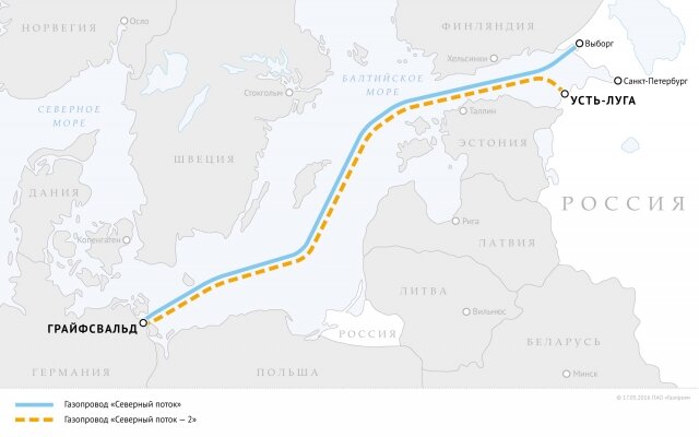    Схема газопроводов «Северный поток» и «Северный поток — 2» ПАО «Газпром»