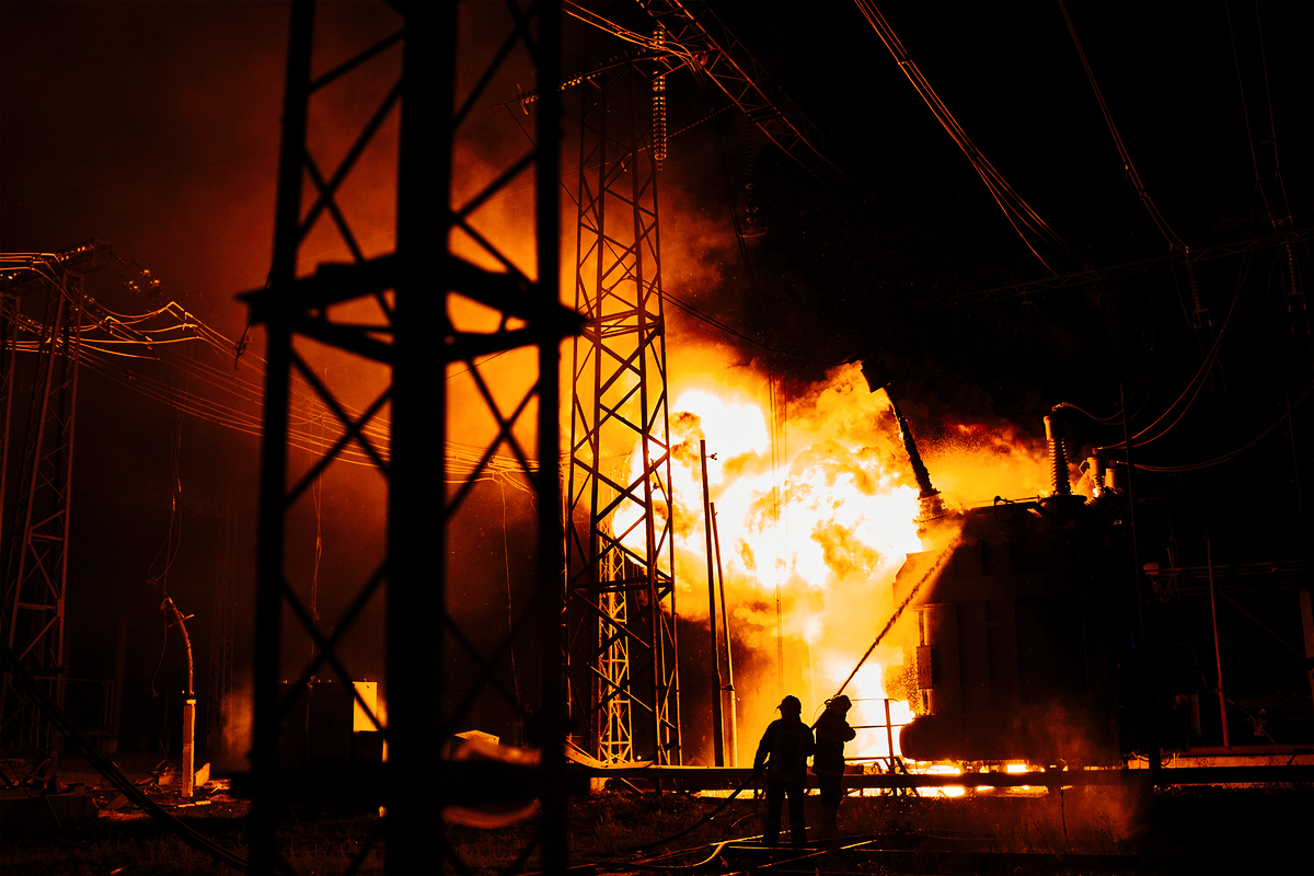 Пожарные ГСЧС Украины тушат пожар на электростанции в Харькове, Украина, 11 сентября 2022 года