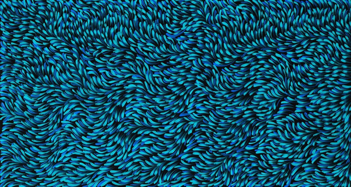 Gloria Petyarre (c. 1938/45 - ) Bush Medicine leaves, 2016 Acrylique sur toile - 97 x 52 cm Groupe Anmatyerre - Utopia - Désert Central / Глория Петьярре (около 1938/45 - ) Листья лекарственного растения , 2016 г. Акрил на холсте - 97 х 52 см группа Anmatyerre-Утопия-Центральная пустыня