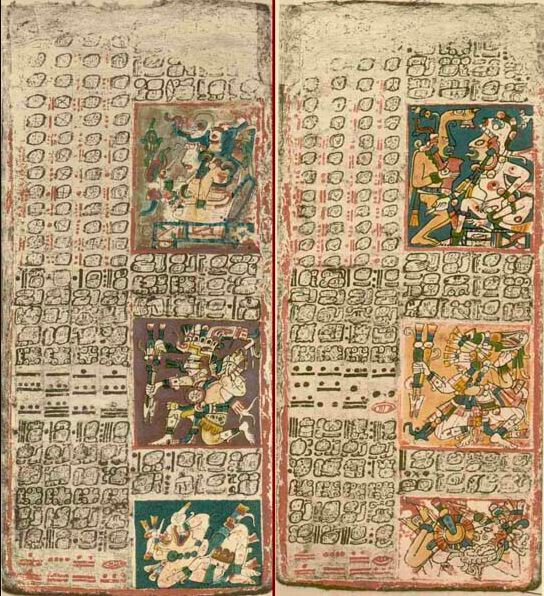 Дрезденский кодекс (страницы 49-50). Изображение взято из книги А. Ю. Склярова «Древняя Мексика без кривых зеркал», издательство ВЕЧЕ, 2009