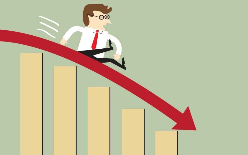 продуктивность снижена. падение продаж. спад экономики. "снижение эффективности " иллюстрация. график снижения.