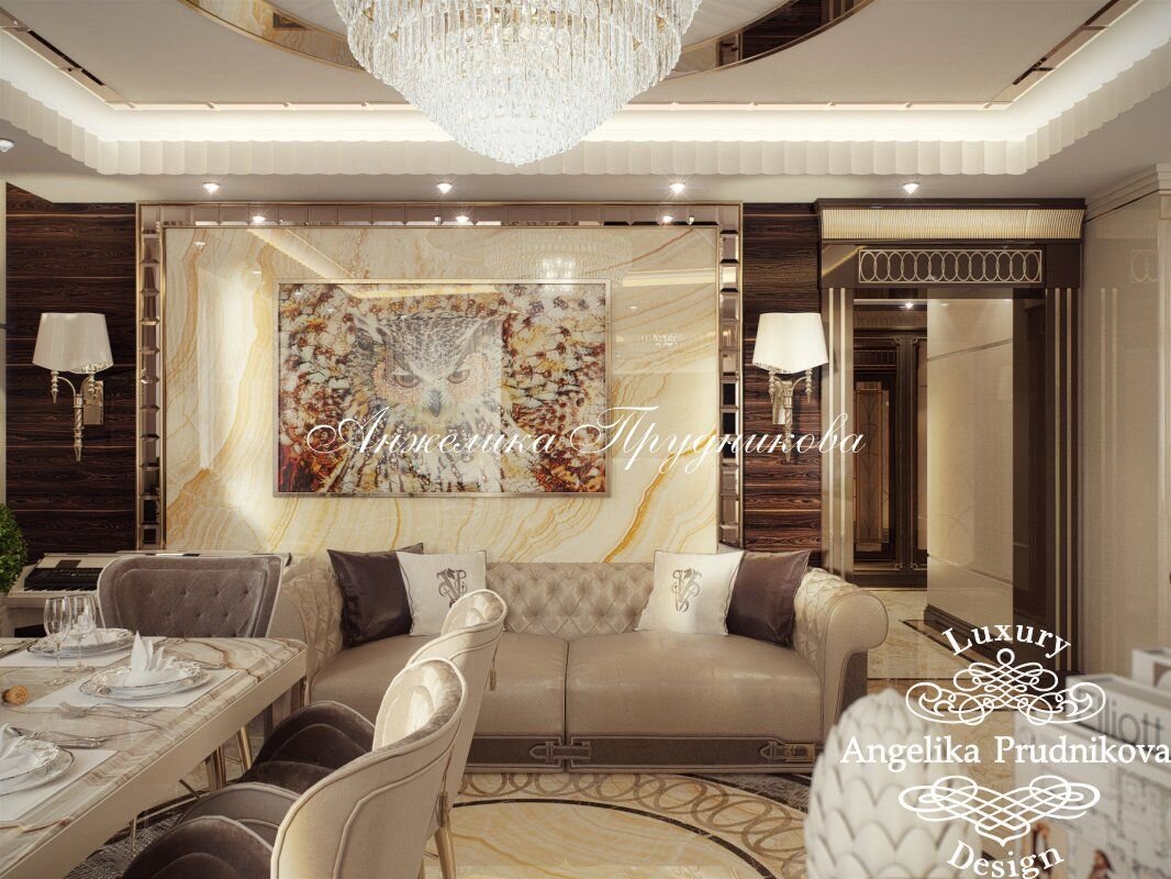 На фото: Постер в декоре гостиной в кофейных оттенках. Проект квартиры в ЖК «Wellton Park» в Москве