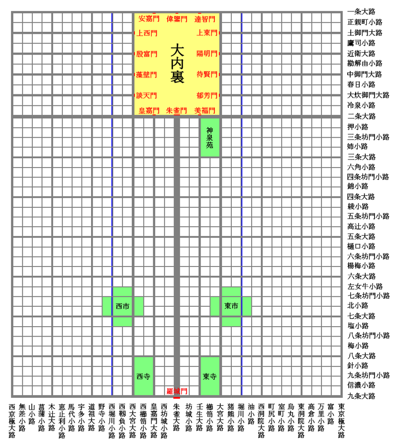 План столицы Хэйан. Автор: Matsukaze - http://ja.wikipedia.org/wiki/%E3%83%95%E3%82%A1%E3%82%A4%E3%83%AB:Heiankyo_map.png, CC BY-SA 3.0, https://commons.wikimedia.org/w/index.php?curid=5997374