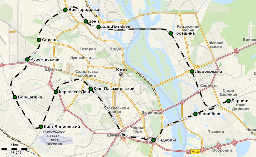 Киевская городская электричка имеет пересадки на все виды транспорта