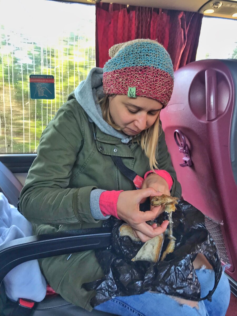 Примерно так мы ехали в автобусе Южно-Сахалинск - Александровск-Сахалинский. Доедая вчерашнюю жаренную селедку)) 