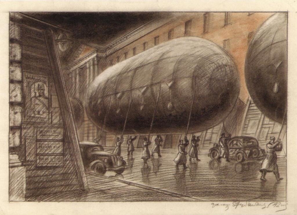 Рисунок Я. О. Рубанчика "По улицам слона водили", 1942 год. Из альбома-каталога "Рисуя блокаду. Дневник архитектора Я.О. Рубанчика. 1941-1944", ГМИ СПб