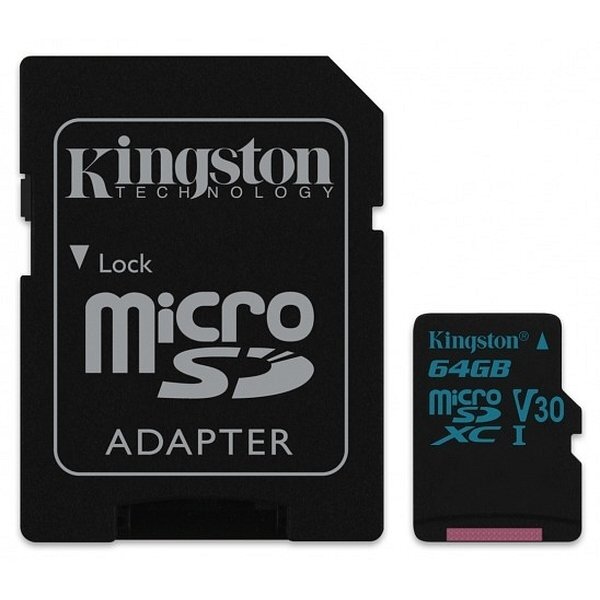 Карта MicroSD 64 ГБ Kingston Canvas Go UHS-I,U3,V30, 90 Mb*s с адаптером