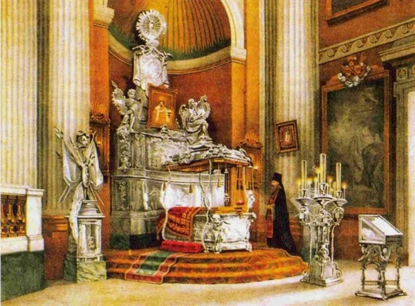 Вид раки (саркофага) с мощами Великого Князя Александра Невского. Литография. 1890 год. 
