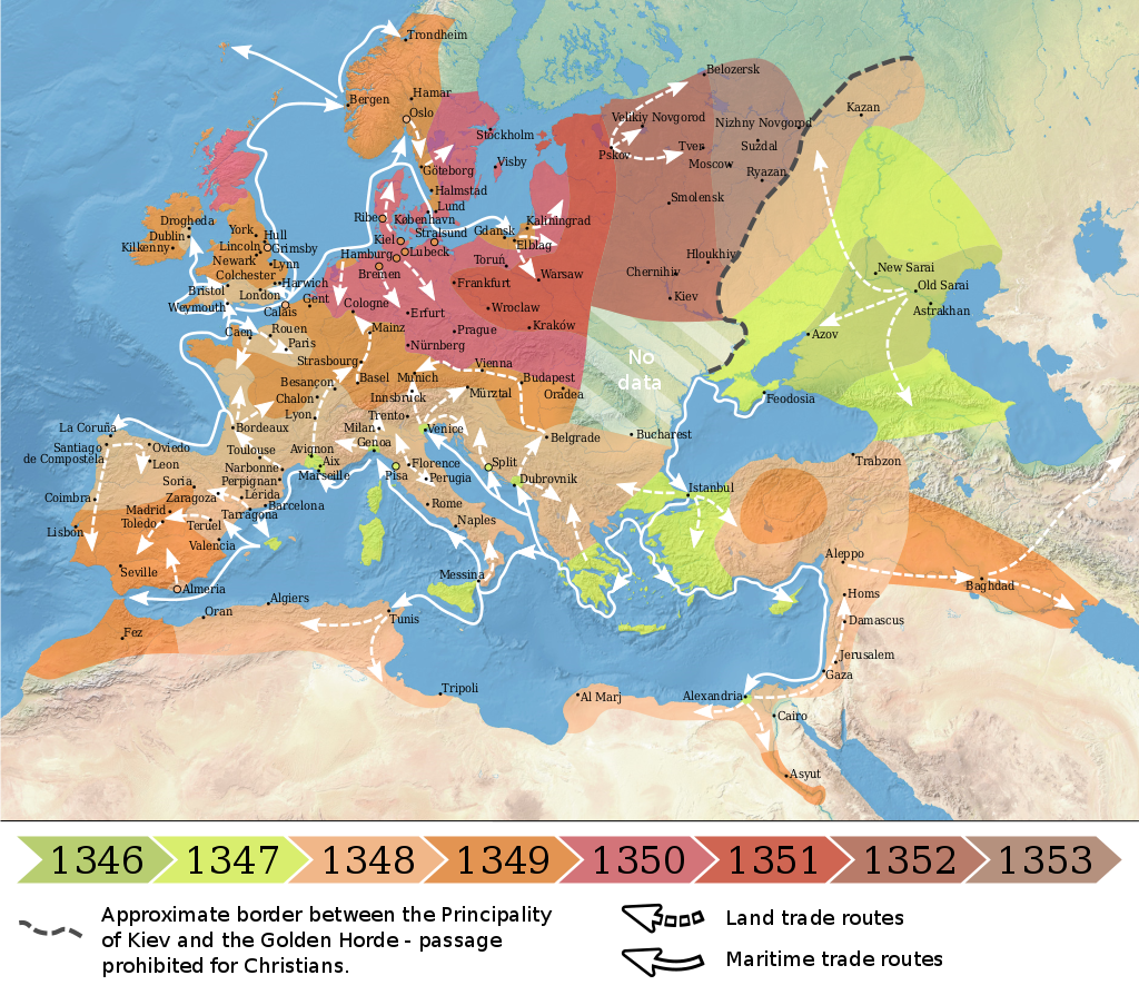 Распространение чумы в 1346 -1353 гг