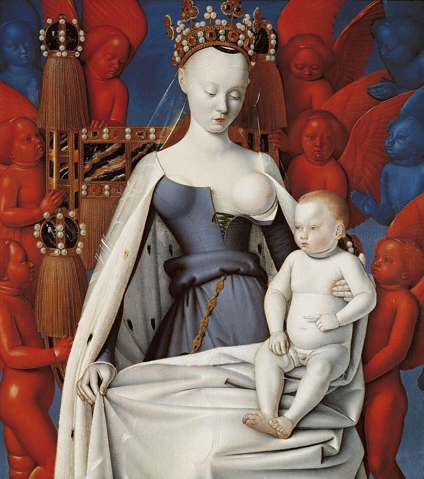 Жан Фуке. «Богоматерь с младенцем (Меленский диптих)», ок. 1450. Историки живописи утверждают, что в образе Мадонны запечатлена Агнесса (Аньес) Сорель, возлюбленная короля Карла VII. Папа Римский говорил: «У неё самое прекрасное лицо, которое только можно увидеть на этом свете»