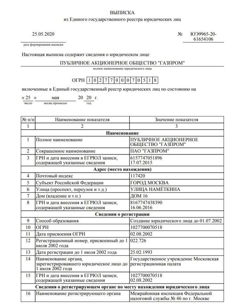 Пример выписки из ЕГРЮЛ