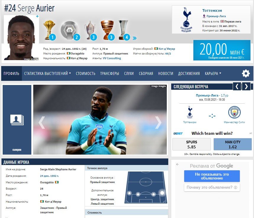 Профиль Орье. Скрин из трансфермаркта. Листайте вправо