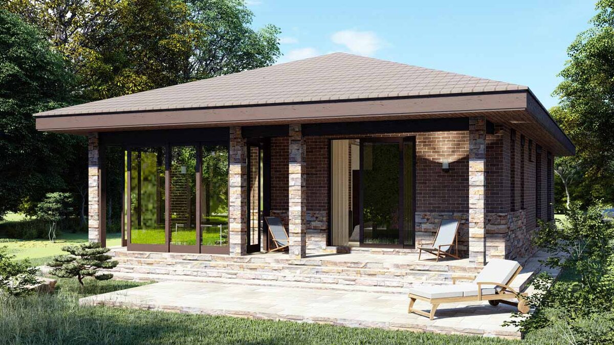 Садовая терраса в современном стиле, часть остеклена, а часть открыта