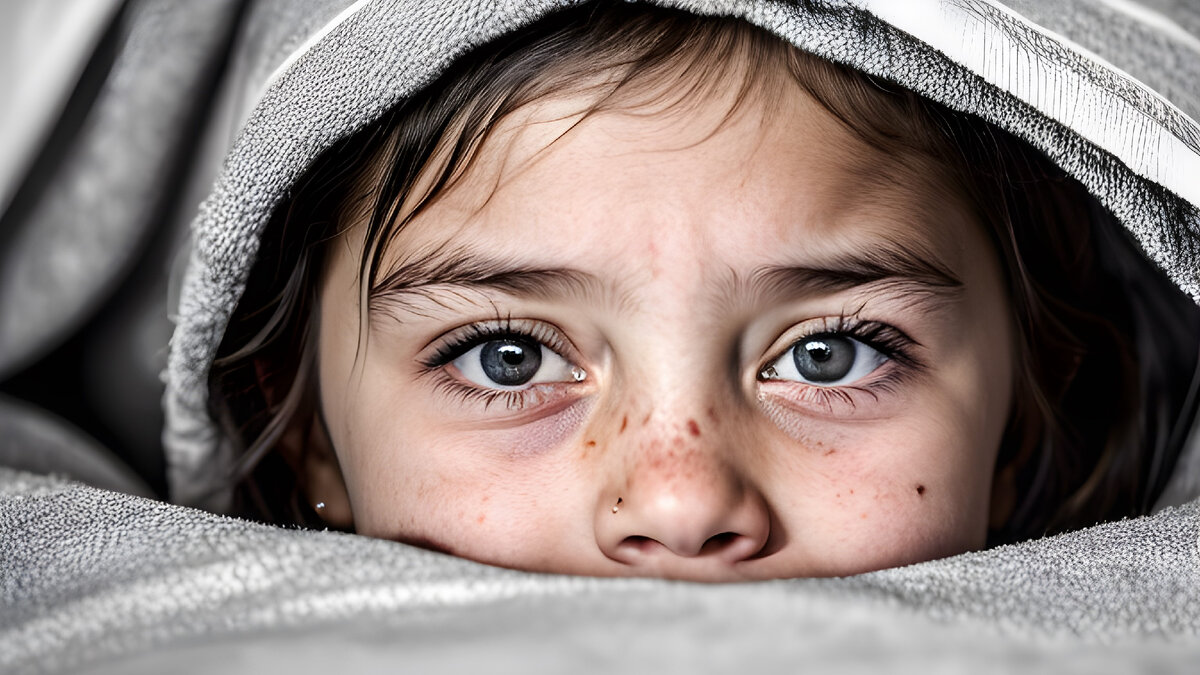 Маленькая девочка испытывает страх, прячась под одеялом.
