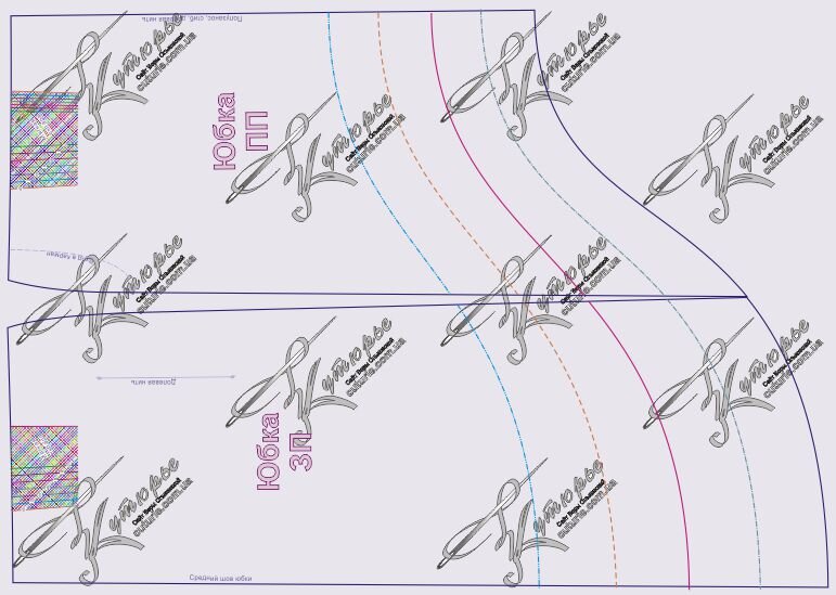 Выкройка юбки с метками разной длины для платья