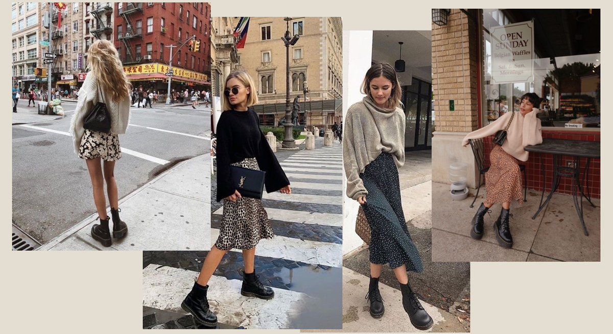 Длина миди на юбках и платьях в сочетании с грубыми ботинками