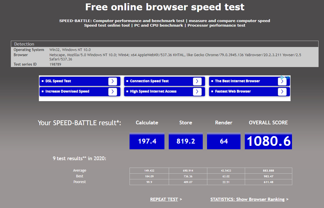 Столько очков в Speed battle test набирает Яндекс.Браузер в моем ПК