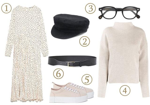 1. Платье Zara, 3999 руб. 2. Кепка Isabel Marant, 9437 руб. 3. Очки Moscot, 18 849 руб. 4. Свитер Filippa K, 15 876 руб. 5. Кеды H&M, 1899 руб. 6. Ремень на талию H&M, 1599 руб.