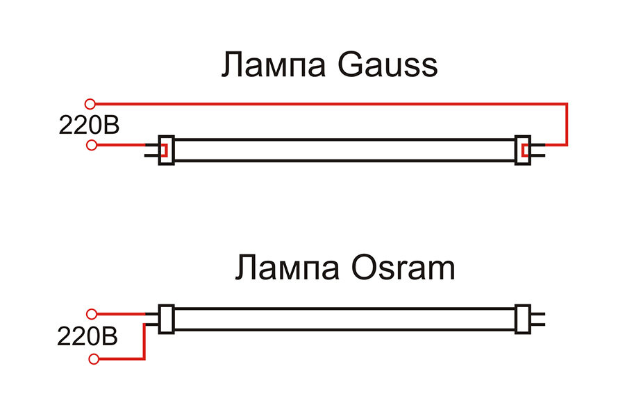 Схема включения ламп T8 для Gauss и Osram.