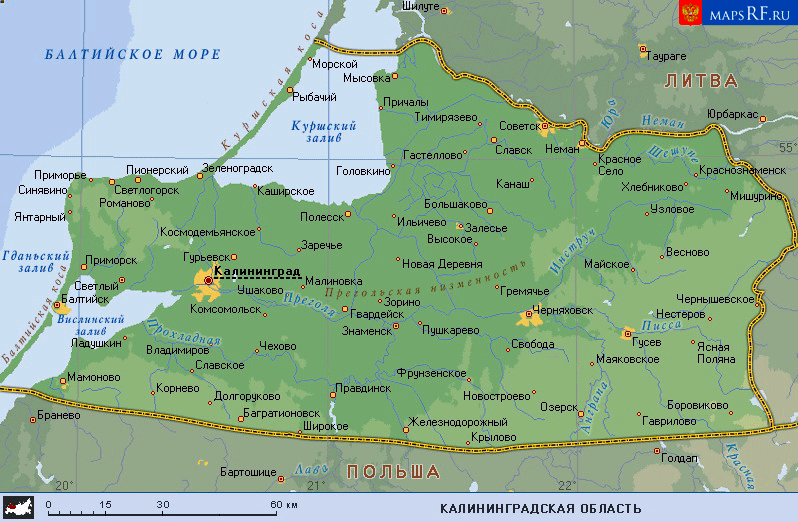 Карта калининградской области с городами и границами других стран