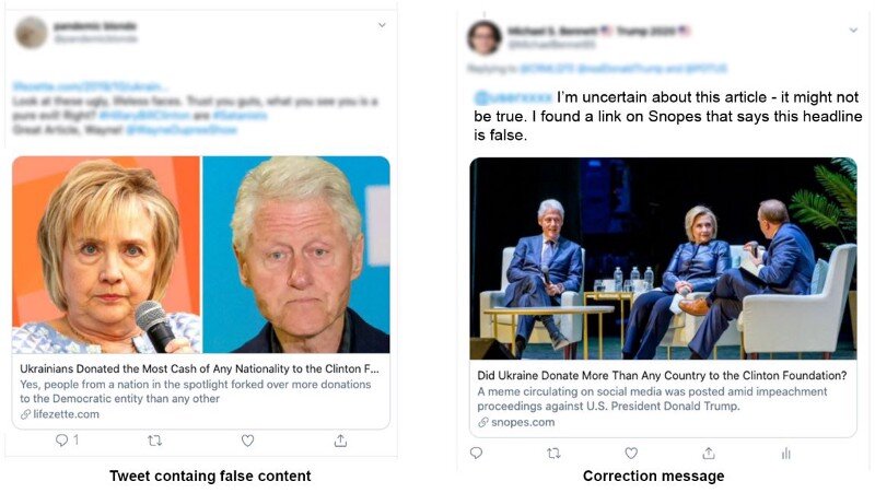 слева — фейковая новость, справа — сообщение от фактчекера