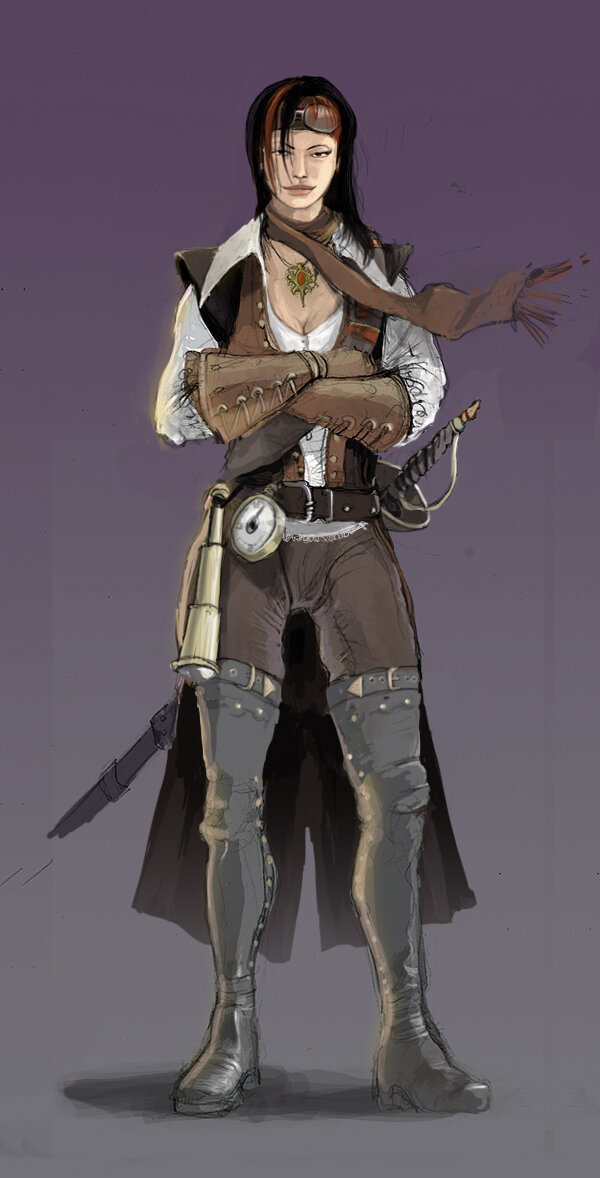 Это Ленора, героиня, летающая на паровой бричке. Да, летает она вместе с саблей. Нет, атакует пулемётом, встроенным в бричку. Да, это тема для отдельной статьи.