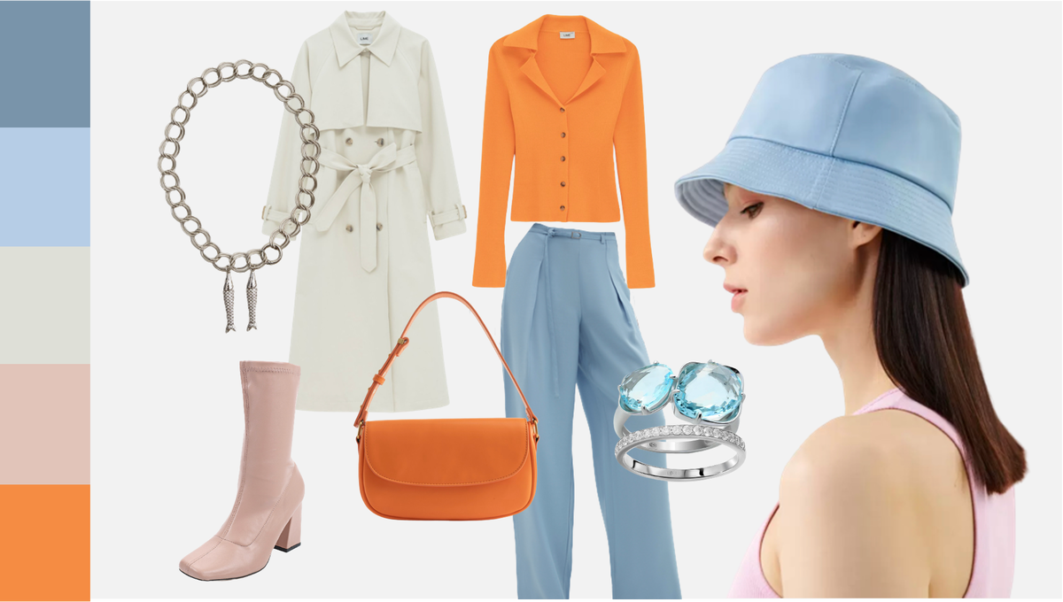 Образ в пастельных тонах с яркими оранжевыми акцентами.