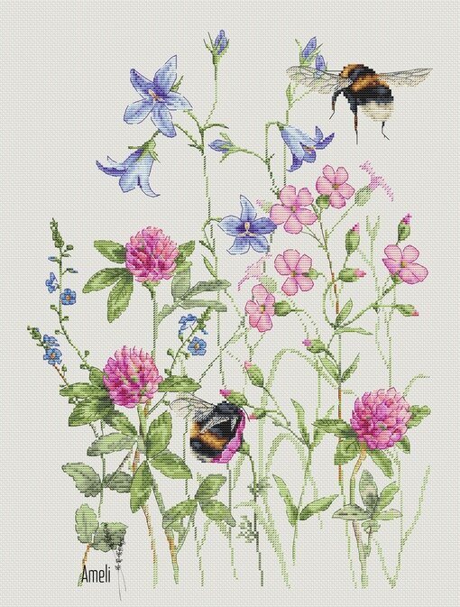 Шмели в полевых цветах (с колокольчиками)