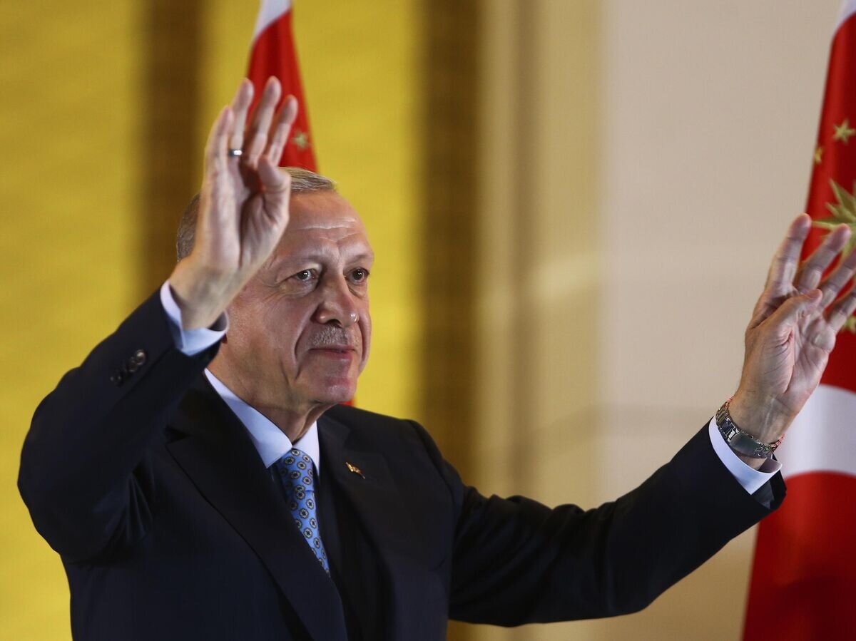    Эрдоган выступает перед своими сторонниками после победы во втором туре выборов президента Турции© AP Photo / Ali Unal