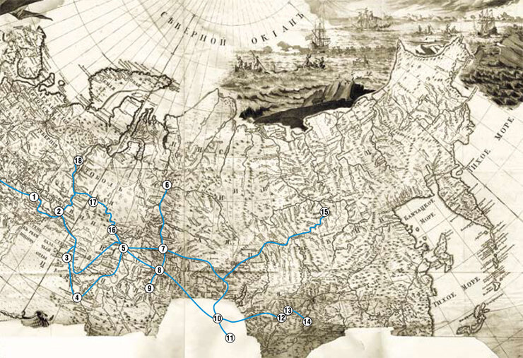 1 — Тюмень, 2 — Тобольск, 3 — Омск, 4 — Семипалатинск, 5 — Томск, 6 — Туруханск (Мангазея), 7 — Енисейск, 8 — Красноярск, 9 — Абакан, 10 — Иркутск, 11 — Кяхта, 12 — Чита, 13 — Нерчинск, 14 — Аргун, 15 — Якутск, 16 — Нарым, 17 — Сургут, 18 — Березов