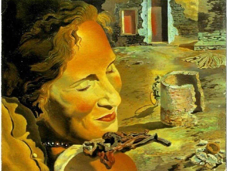 Гала с двумя рёбрышками ягнёнка, балансирующими на её плече. Сальвадор Дали, 1933