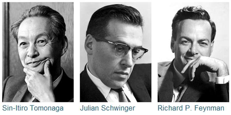  Син-Итиро Томонага (1906–1979) Япония,  Джулиан Швингер (1918–1994) США, Ричард Фейнман (1918–1988)  - Нобелевская премия по физике за создание квантовой электродинамики (КЭД) в 1965 г.