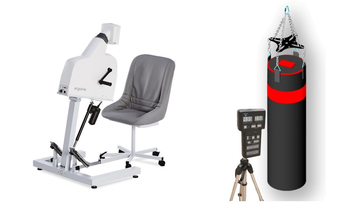 Рисунок 1. Эргометр для тестирования работоспособности рук и специальный мешок, оборудованный датчиками для измерения ударных характеристик