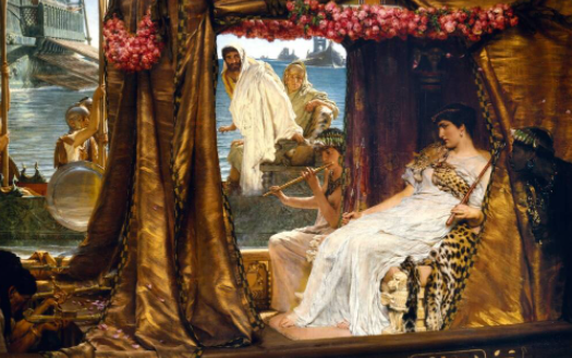 На этой картине Лоуренса Альма-Тадемы, написанной в 1883 году, изображен Марк Антоний, нетерпеливо ожидающий встречи с очаровательной Клеопатрой, когда они встретятся в Тарсе на ее роскошной барже.