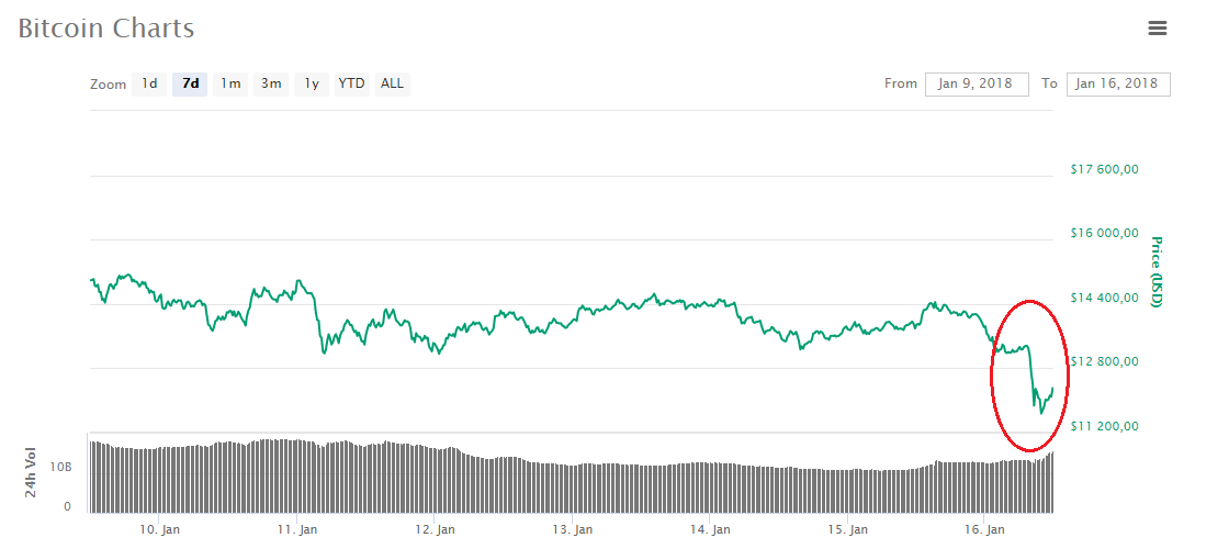 Динамика цены Биткоина за неделю и серьезное падение за несколько часов 