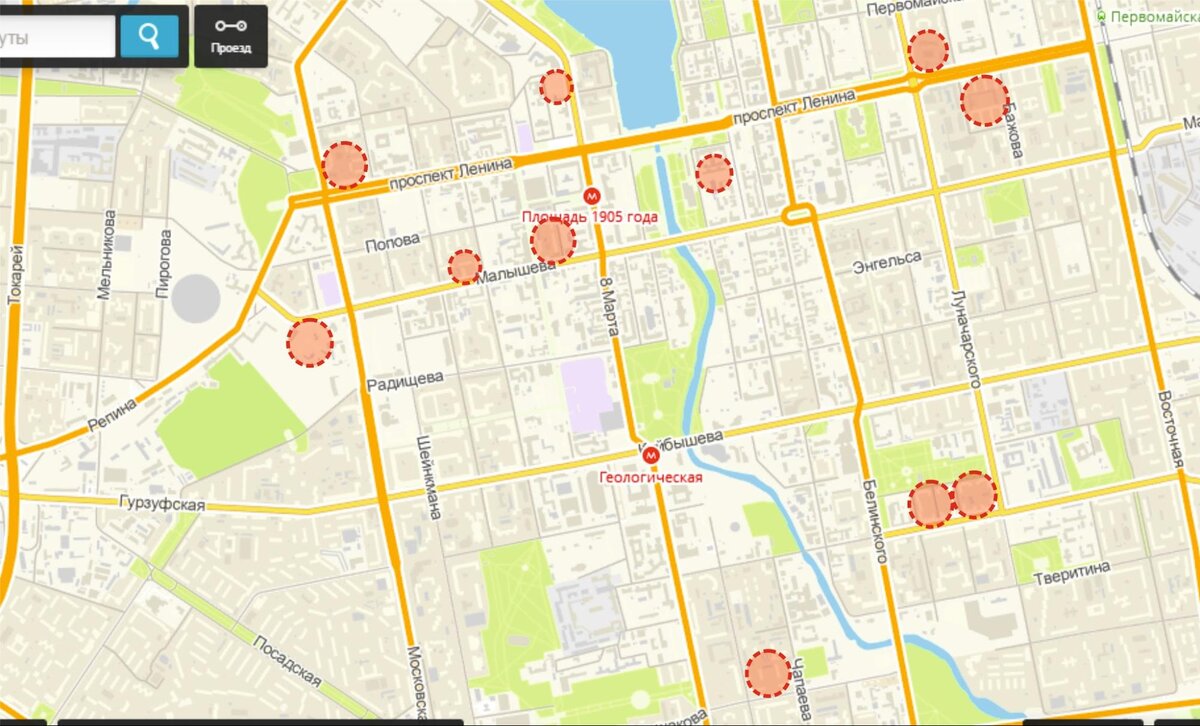 На схеме видны самые известные «городки» Свердловска