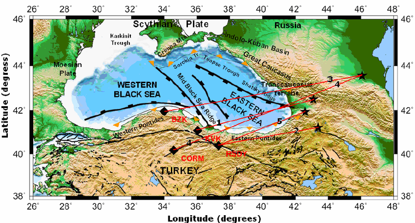 Тектоническая карта Чёрного моря с эпицентрами землетрясений (жёлтые треугольники). Из статьи "A Preliminary Crustal Study in and around Eastern Black Sea"