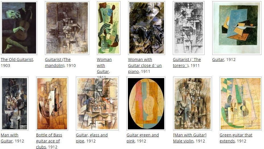Полную галерею можно посмотреть на сайте, посвященном художнику http://www.pablo-ruiz-picasso.net/theme-guitar.php