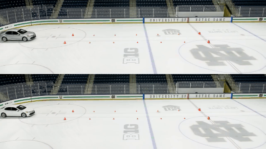 Авто с шипованной резиной проезжает "перекресток" за 4 секунды, а на "всесезонке" за 7 секунд.