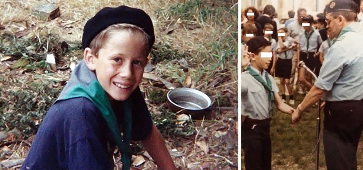 Фотография слева: Тони, одна из предполагаемых жертв Барнара Прейна. Фотография справа: священник Бернар Прейна — глава скаутской организации, 1985 год. Источник: La Parole Libérée / laparoleliberee.fr 