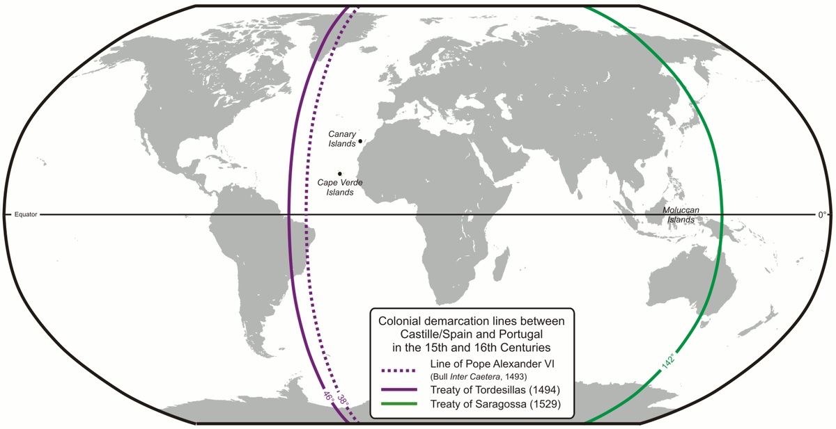 1493-1529 Castile & Spain and Portugal Lines dividing the non-Christian world 1494 Tordesillas meridian (purple) and the 1529 Zaragoza